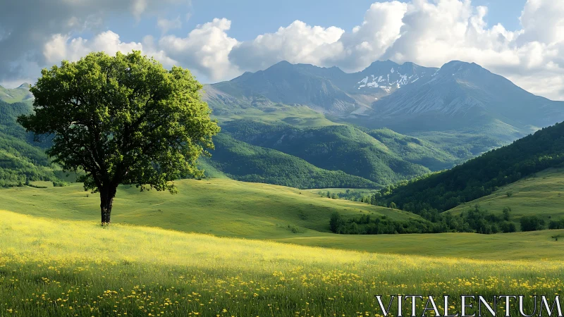 Isolated tree dominates layered alpine valley under dynamic clouds