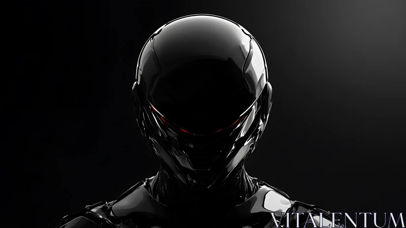 Glossy black humanoid robot head in dark studio lighting.