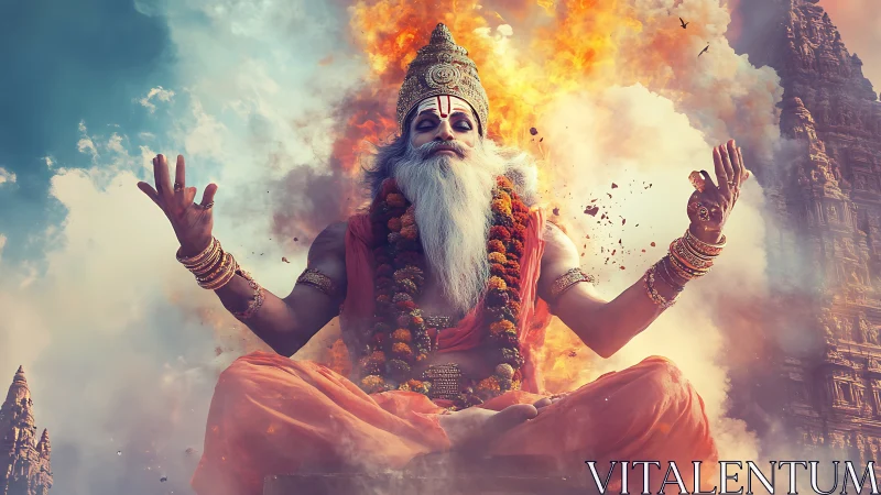 Seated robed figure in meditative pose amid temple flames.