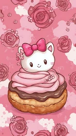 Whimsical Kitten Pastry Character in Pink Floral Setting.