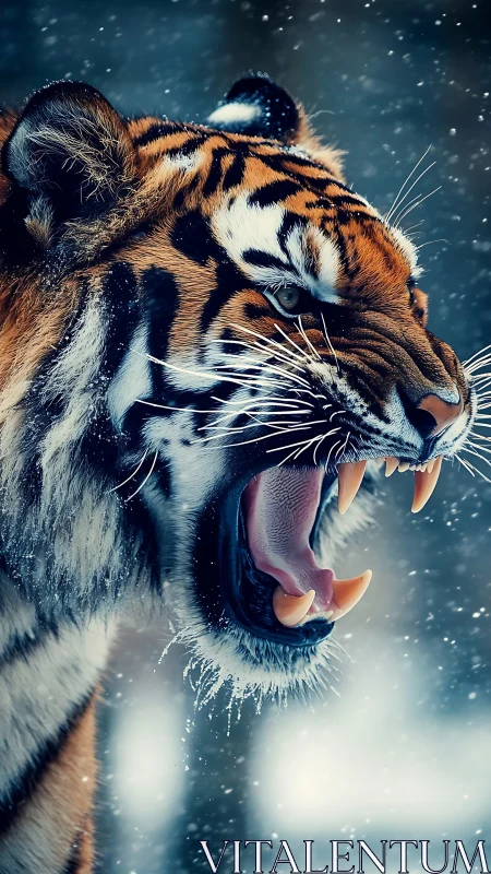 Winter snow swirls around a roaring tiger in icy focus