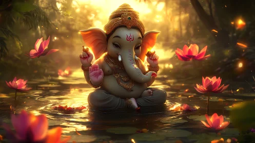 Baby Ganesha idol in glowing lotus pond at sunset.