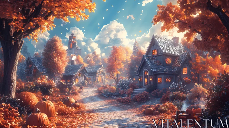 Cozy pumpkin lane under glowing autumn treetops at dusk.