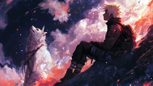 Anime figure and white wolf on rocky slope at dusk sky.