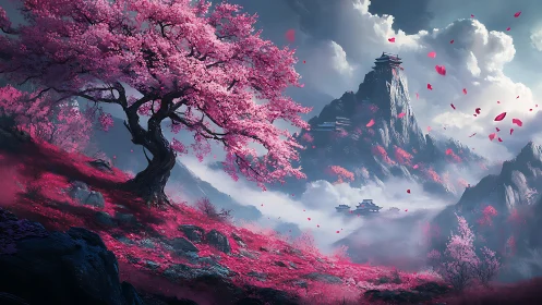 Pink blossom tree and misty mountain temples in spring