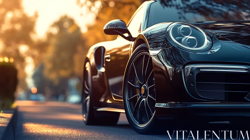 Black sports coupe reflects warm sunset along quiet street
