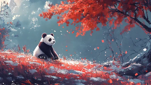 Panda sits under crimson tree in misty autumn valley