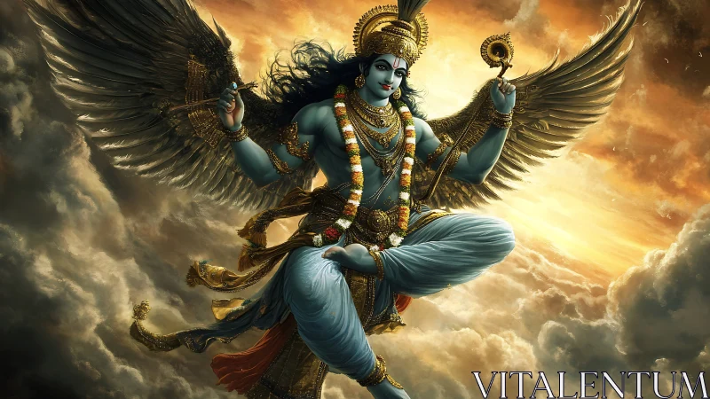 Divine winged deity soaring through luminous storm clouds.