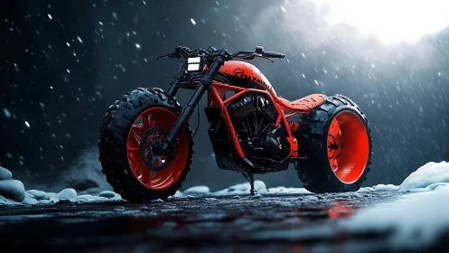 Bold snow-ready motorcycle glowing with bright orange power.
