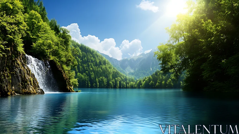 Sunlit forest lake with gentle waterfall and quiet mountains.
