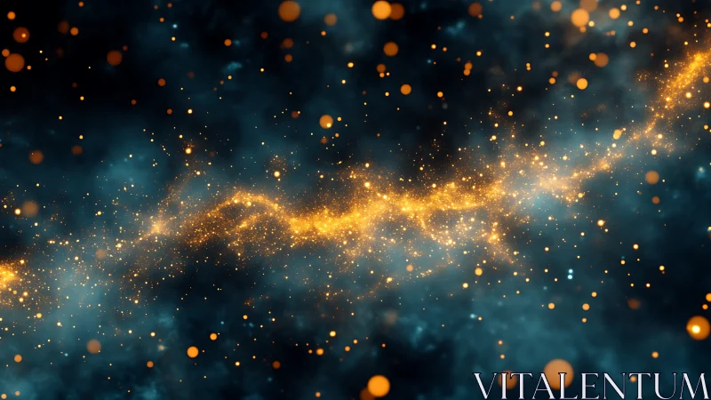 Dense golden particle stream arcs through deep teal volumetric haze