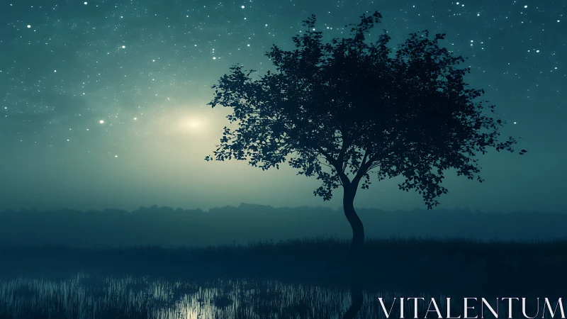 Solitary lakeside tree silhouetted against a star-dense night sky