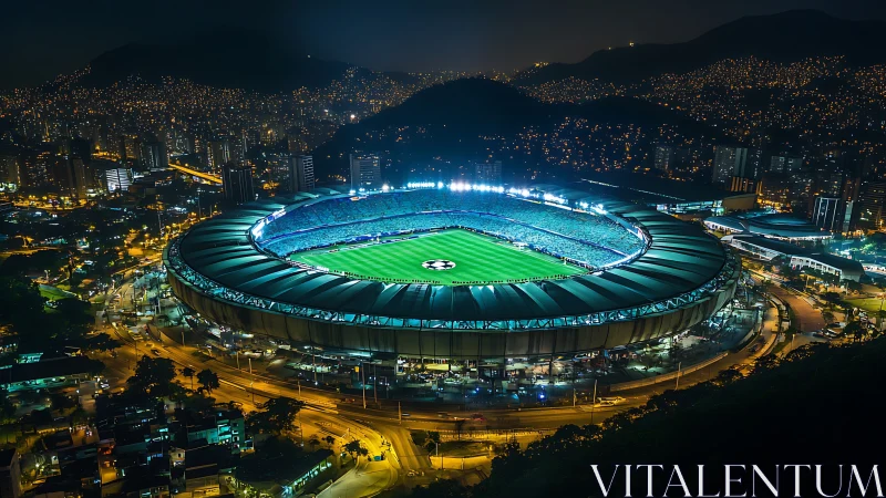 Illuminated football stadium in dense nocturnal cityscape.