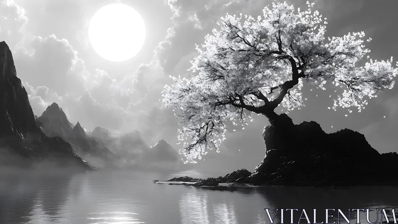 Monochrome blossom tree arcs over misted lake under full sun