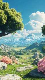 Digital landscape with alpine vista and floral foreground design.