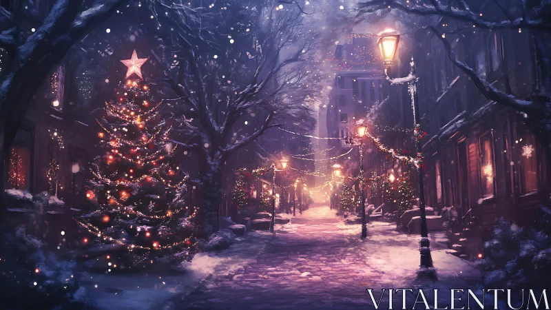 Snowy city street glowing with cozy holiday lights at night.