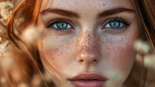 Freckled redhead portrait shows intense blue eyes close up