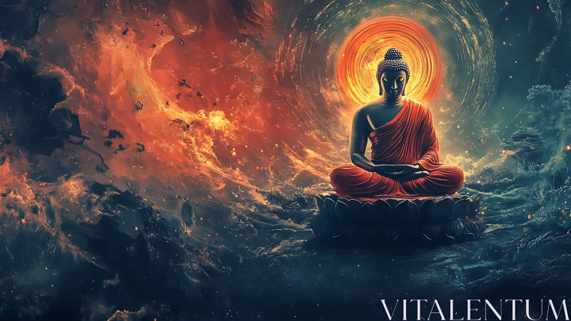 Digital painting of meditative Buddha amid cosmic nebula field.