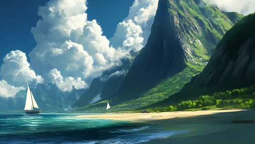 Cloud-stacked cliffs and wandering sails on emerald shores.