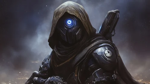 Hooded cybernetic ranger stands watch in a stormy cosmos