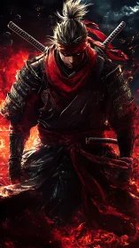 Samurai warrior stands in burning red flames in armor