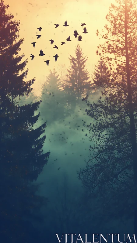 Silhouetted birds cross misty conifer forest at sunrise