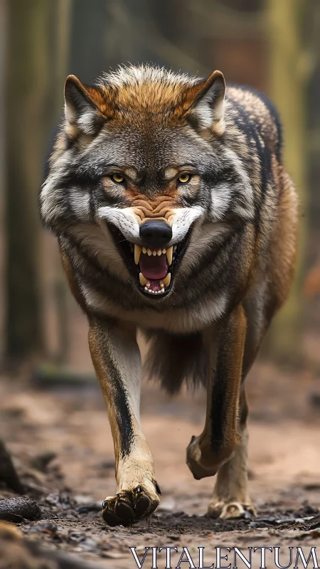 Aggressively advancing wolf with exposed dentition and tense gait.