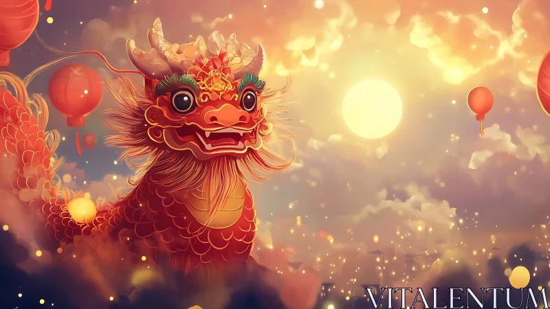 Chinese dragon floats through glowing lantern filled sky