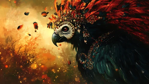 Majestic Parrot in Ornate Feathered Headdress, Digital Fantasy Art.