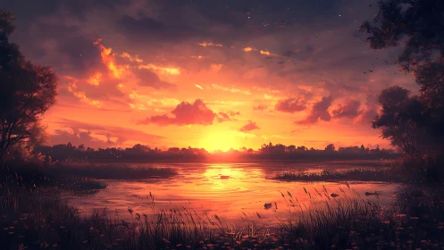 Sunset river hush where ember clouds kiss the water.