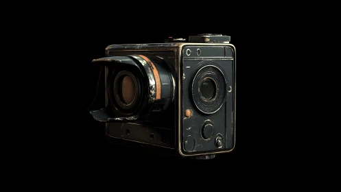 Weathered box camera rendered in detailed 3D model.
