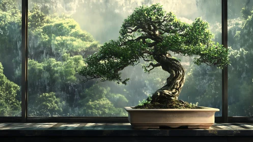 Rainlit bonsai guardian framed by misted forest glass.