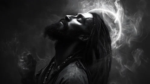 Monochrome mystic portrait with radiant smoke halo effect.