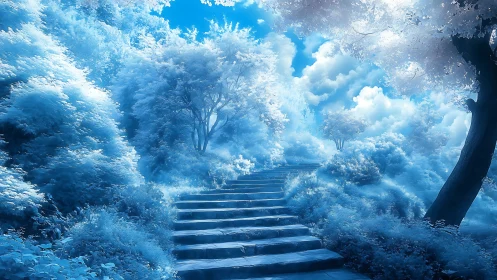 Dreamy sky path gently climbs through luminous blue forest