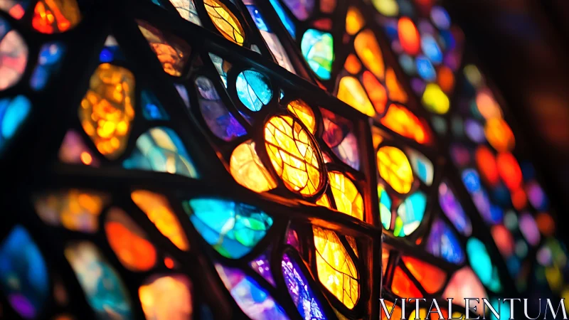 Close-up view of colorful abstract stained glass window.