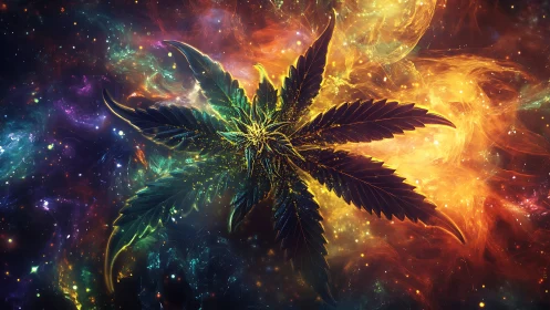 Cannabis leaf silhouette over multicolor nebula field.