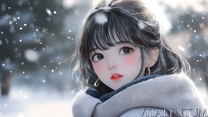 Soft winter portrait of wide-eyed girl in falling snow.