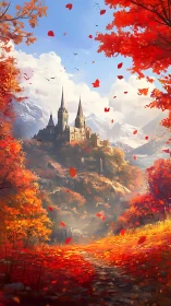 Mountain castle rises over vivid red autumn valley scene.