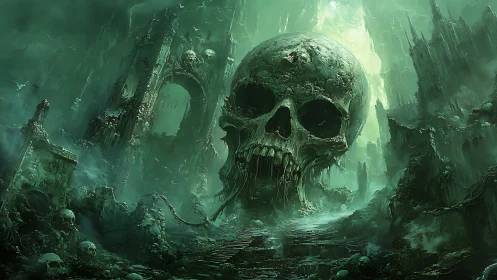 Monolithic skull citadel in bioluminescent necrotic ruins.