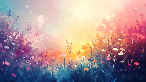 Wildflower field under soft glowing sunset light.