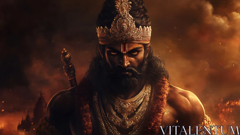 Fierce mythic warrior king in ornate golden armor and flames.