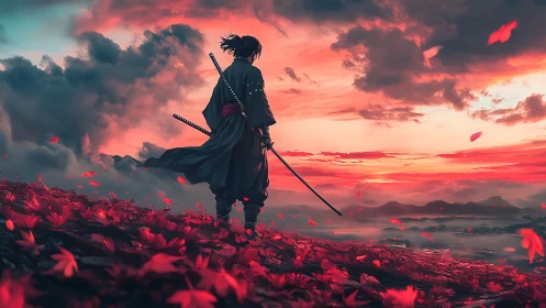 Samurai figure on hillside overlooking red sunset valley.