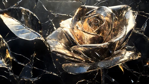 Crystal rose sculpture under fractured glass illumination.