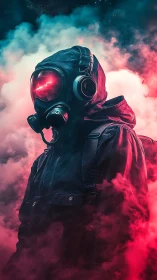 Hooded wanderer in neon mist with glowing mirrored visor.