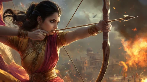 Warrior woman archer aiming in fiery battlefield scene.