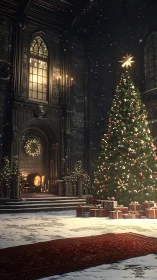 Grand hall Christmas tree with gifts and soft snowfall.