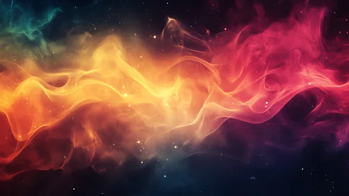 Colorful nebula-like light waves flow across dark space