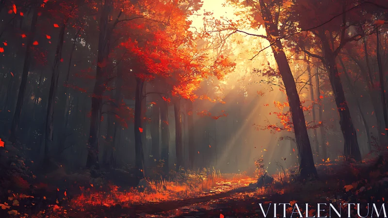 Autumn Forest in Warm Sunlight with Falling Leaves