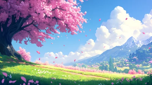 Vibrant cherry blossom tree beside alpine valley path