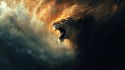 Lion head emerging from swirling cloud-like formations.